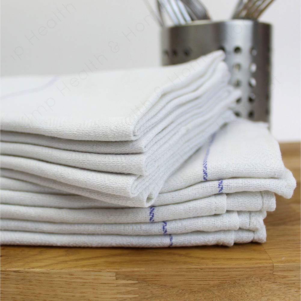 White Cotton Waiters Cloth With Blue Trim 100% Cotton 300gsm 55x60cm